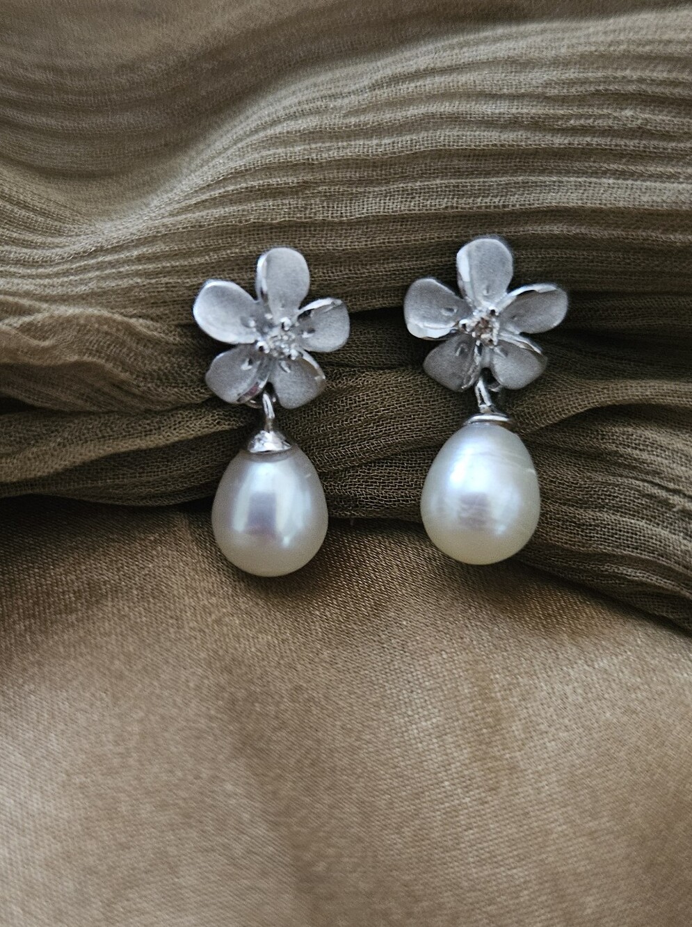 14k Solid White Gold Plumeria Earrings